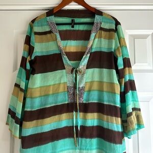 Hermanny by VIX sheer brown, teal, turquoise striped cover-up/top